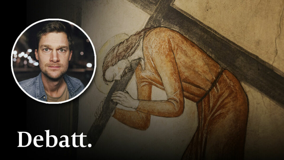Jesus blir inte människa för att dö på korset så att människorna ska bli kvitt sina synder, skriver Fredrik Lindé. Bild: Väggmålning i St Matteus kyrka i Stockholm. Jesus blir inte människa för att dö på korset så att människorna ska bli kvitt sina synder, skriver Fredrik Lindé. Bild: Väggmålning i St Matteus kyrka i Stockholm.