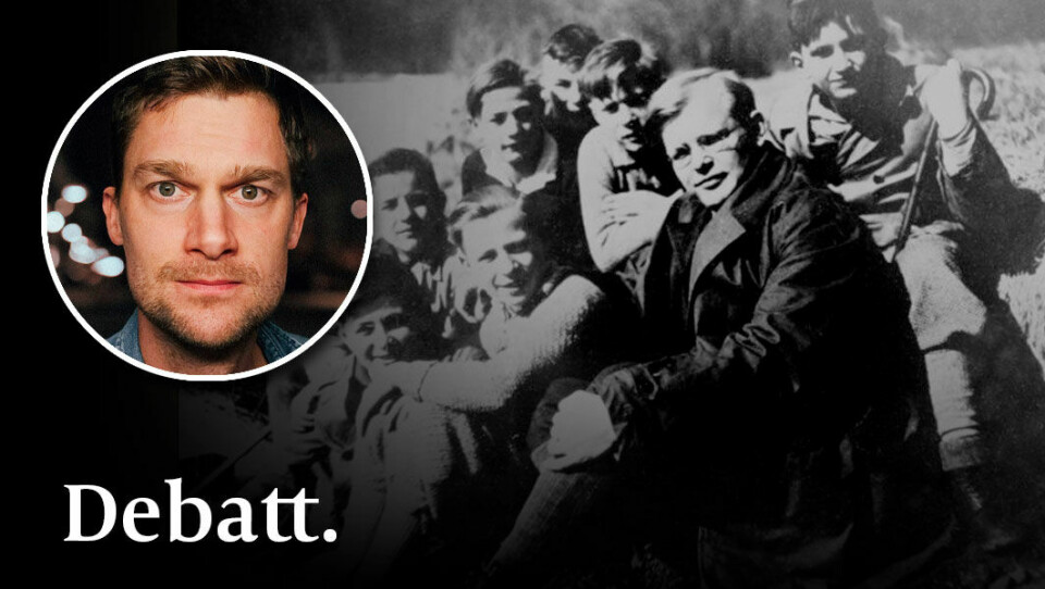 Bonhoeffers genomgående poäng är att kyrkan måste vara i världen, precis som Jesus är i världen. Bilden: Dietrich Bonhoeffer utanför Berlin 1932. Dietrich Bonhoeffer med en grupp pojkar utanför Berlin 1932. Infälld bild på debattören Fredrik Lindé.