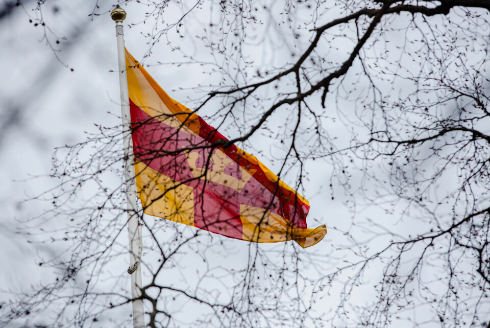 Svenska kyrkan. Svenska kyrkans flagga skyms av trädgrenar.