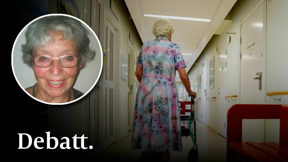 Om en renodlat materialistisk människosyn styr äldreomsorgen kommer viktiga aspekter av vad ett värdigt liv är på undantag, skriver Ann-Christin Lindbom. Äldre kvinna med rullator i korridor. Infälld bild på debattskribenten Ann-Christin Lindbom.