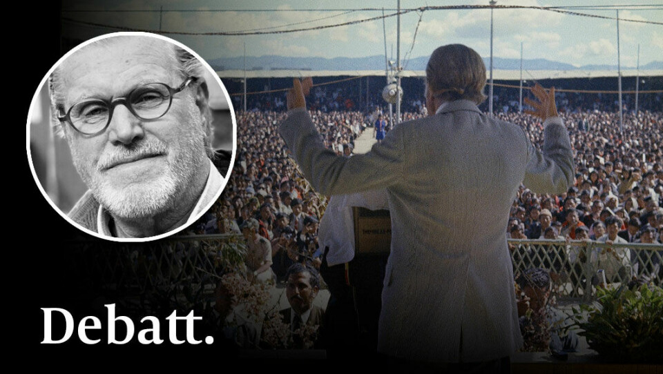 Ge evangelistens förkunnarroll en mer framträdande och betydelsefull position, skriver Kjell Björk. Bilden: Amerikanske evangelisten Billy Graham 1971. Amerikanske evangelisten Billy Graham inför storpublik 1971. Infälld bild på debattören Kjell Björk.