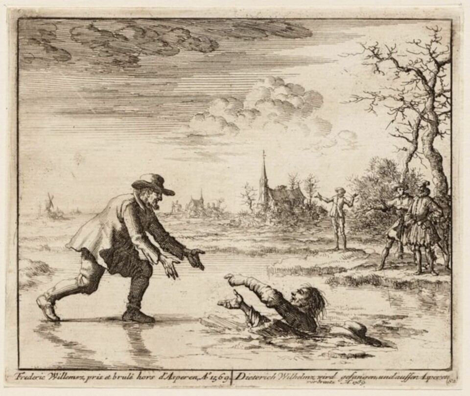 En illustration från 1685 gjord av Jan Luyken, publicerad i Martyrs Mirror, av Dirk Willems som räddar sin förföljare, en barmhärtig handling som ledde till att han infångades och sedan brändes på bål nära Asperen i Nederländerna. A 1685 illustration by Jan Luyken, published in Martyrs Mirror, of Dirk Willems saving his pursuer, an act of mercy that led to his recapture, after which he was burned at the stake near Asperen in the present-day Netherlands.