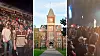 Skärmdump från klipp med tusentals studenter på väckelsemöte, kombinerad med bild på huvudbyggnaden för Ohio State University.