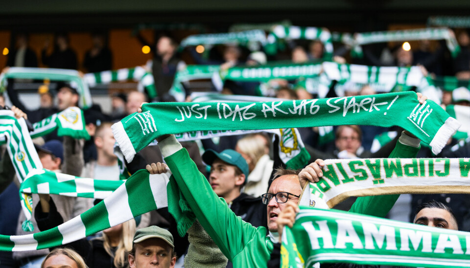 Hammarbysupportrar inför fotbollsmatch i allsvenskan mellan Hammarby IF och Mjällby AIF på 3 arena.
