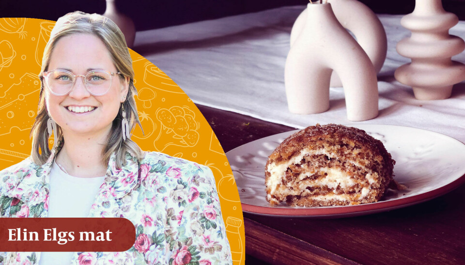 Elin Elg bjuder denna vecka på pumparulltårta. En skiva pumparulltårta på ett bord med dekorationer. Infälld bild på Elin Elg.